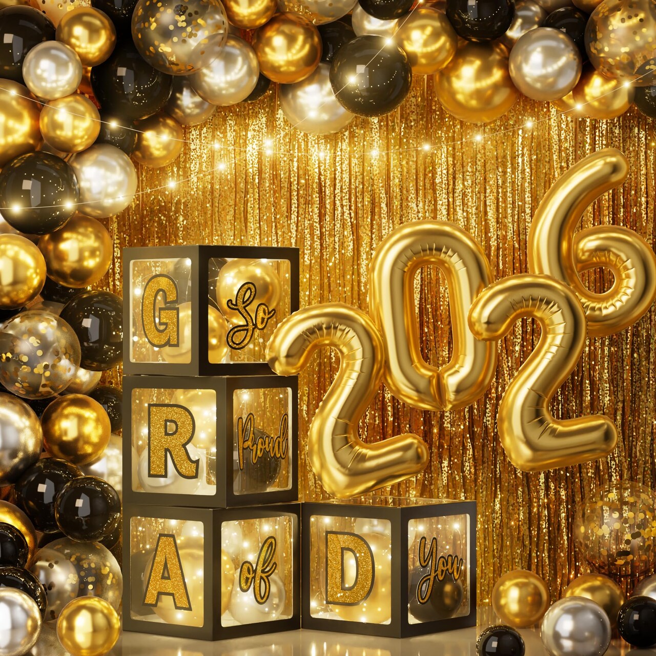 2026 Graduation Decorations - 86 PCS Graduation Party Decor Supplies Set Includes LED Light Strings Balloon Block Boxes with Letters Foil Curtains Backdrop 2026 Balloon Garland Kit- Black Gold
